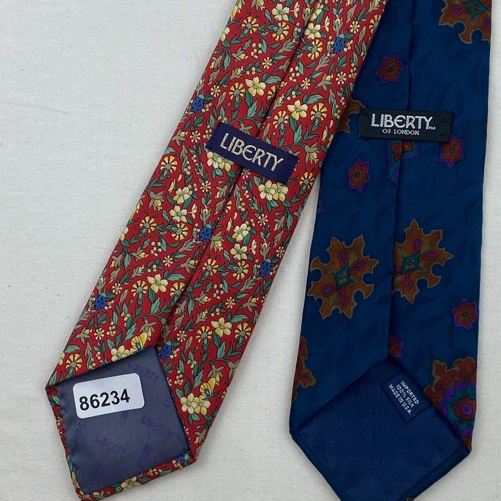 Lot of 2 LIBERTY OF LONDON 100% Silk Necktie Floral Geometric Print Blue Red VTG